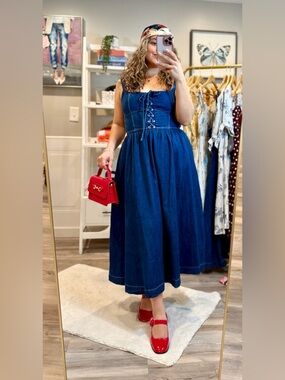 Blue Pepper Denim Midi Dress • Lace Up Bodice • Cottagecore • M and L NWOT